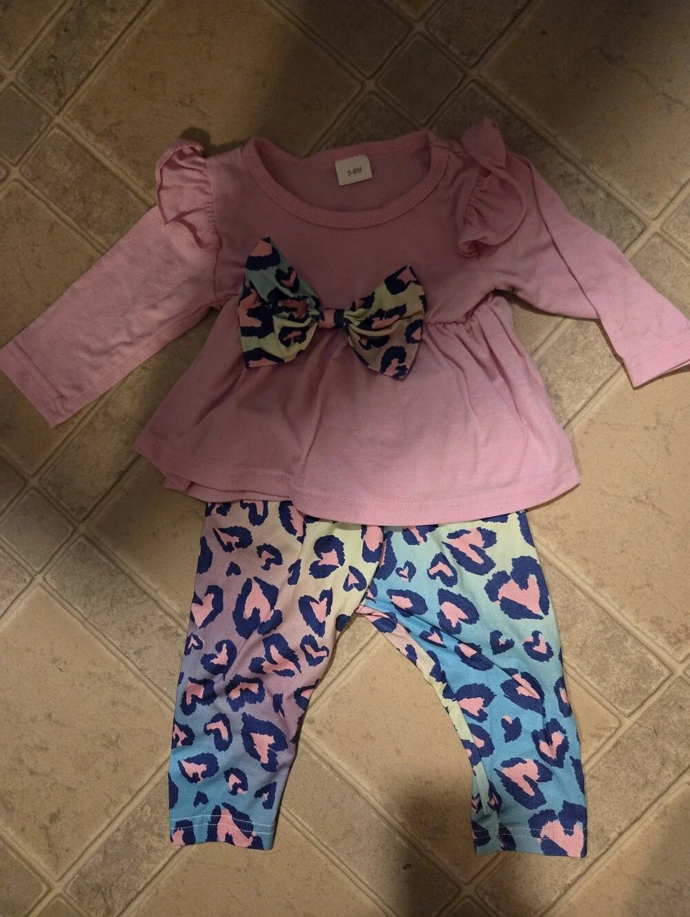 Pink Bow Trim Girls Pajama Set with Colorful Leopard Leggings